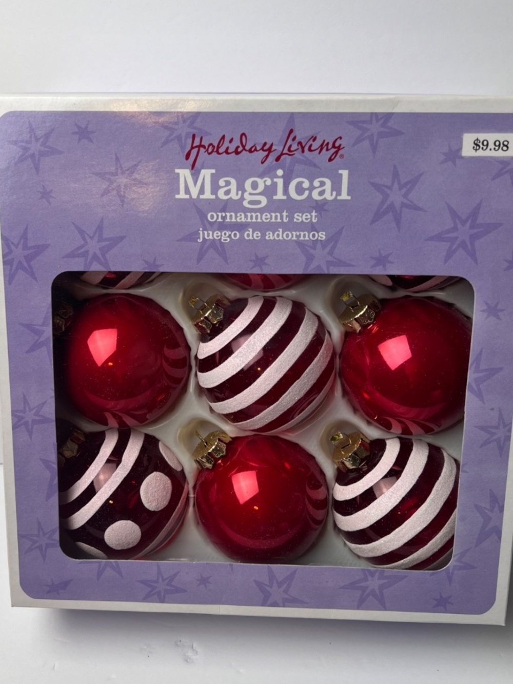 9 Vintage Glass Christmas Tree Magical Ornaments Red White Stripe Polka Dots